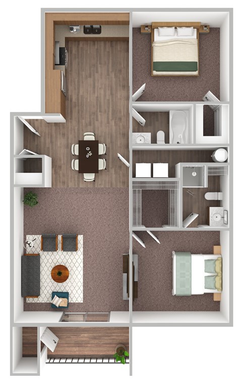 A top-down view of a small apartment with a kitchen, living room, and bedroom.